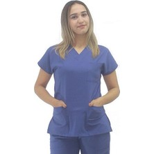Onora Unisex Soft Likra İndigo Mavi Hemşire ve Doktor Üniforması ,tek Üst Scrubs Üniforma