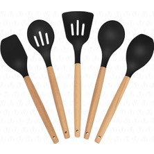 Özbience Bambu Saplı 5'li Silikon Mutfak Pişirme Seti Siyah