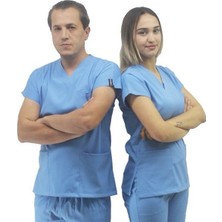 Onora Unisex Soft Likra Açık Mavi Hemşire ve Doktor Üniforması ,tek Üst Scrubs Üniforma