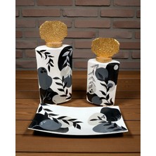 Siyah Beyaz Yaprak Desenli Üçlü Dikdörtgen Seramik Set