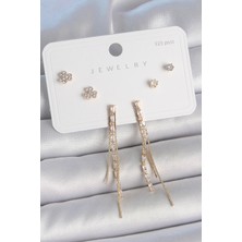 Değirmen Grup Pirinç Gold Renk Su Yolu Zirkon Taşlı Sallantı Model Çiçek Detay 925 Ayar Gümüş Çivi Kadın Küpe Seti - Lisinya