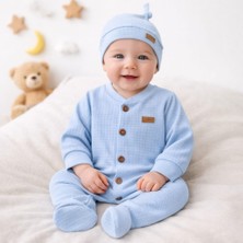 Leylek Yenidoğan Bebek Tulum+Şapka Takım %100 Pamuk,waffle Kumaş
