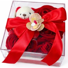 Birlik Kutuda 6'lı Kırmızı Gül Tasarımı - Peluş Ayıcık ve Orkide Detaylı Hediyelik
