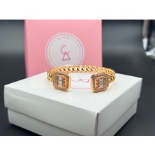 Alsem 14 Ayar Gold Kaplama Baget Taşlı Gold Zincir Kelepçe , Premium Hediye