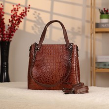 Aksesuarlia Taba Renk Timsah Desen Hakiki Deri Çanta - Omuz Askılı ve El Çantası - Çok Bölmeli