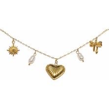 Çelik Çoklu Şans,kalp,kurdela,inci Kolye, Kararmaz ve Paslanmaz