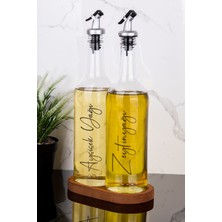 Özbience 2'li 750 ml Ahşap Standlı Cam Yağlık Seti, Ayçiçek ve Zeytinyağı Şişesi