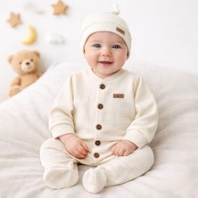 Leylek Yenidoğan Bebek Tulum+Şapka Takım %100 Pamuk,waffle Kumaş