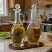 Özbience Bambu Standlı Kulplu Yağdanlık Seti, 2'li, 500 Ml, Kristal Tıpalı, Koyu Renk Altlıklı