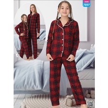 Angel Valeska Ekose Desenli Düğmeli Uzun Kollu Anne Kız Pijama Takımı