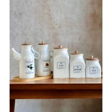 Özbience 6 Parça Bambu Standlı Papatya Porselen Yağdanlık ve Kavanoz Seti