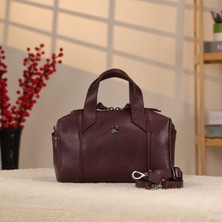 Aksesuarlia Bordo Renk Hakiki Deri Çanta - Omuz Askılı ve El Çantası