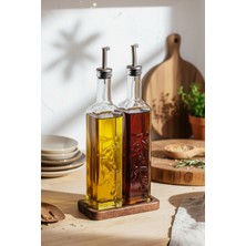 Özbience Şeffaf Cam Yağlık ve Sirkelik, Ahşap Standlı, 2'li, 500ML, Şık Tasarım