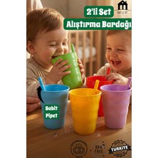 Muf Home Pipetli Alıştırma Bardağı Bebekleri Pipete Alıştırma Bardağı Eğlenceli Bardak (2'li Set) 250 ml