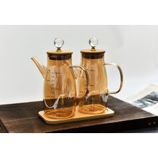 Özbience Şık 2'li Kristal Taşlı Bambu Detaylı Borosilikat Cam Yağlık Seti