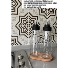 Özbience Büyük Boy Damlatmaz Ahşap Standlı 3 Parça Cam Yağlık Seti, Şık ve Kullanışlı