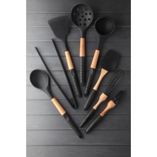 Özbience 8 Parça Siyah Silikon Servis Seti, Ahşap Tutacaklarla Şık Tasarım