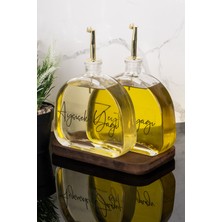 Özbience 2'li Lüx 500 ml Cam Yağlık Seti Ahşap Standlı Gold Kapakli