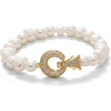 Doğal Inci Bileklik Ay Figürlü | Zirkon Taşlı Kararmaz Şık Kadın Bilekliği