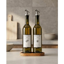 Özbience Ahşap Standlı 2'li Cam Şişe Seti, 750 Ml, Zeytinyağı ve Ayçiçek Yağı Için