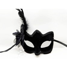 Değirmen Grup Siyah Renk Yandan Tüylü Beyaz Incili Süet Kaplama A Kalite Lüks Parti Maskesi 20X23 cm - Lisinya