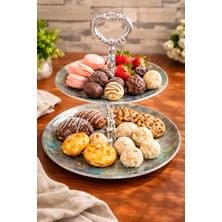 Özbience Iki Katlı Renkli Desenli Şık Kurabiye Sunumluk