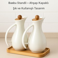 Özbience Bambu Standlı Porselen 2'li 700 ml Yağ ve Sirke Şişesi Takımı