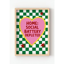 Miovi Works Home: Social Battery Low | Çerçeveli Modern Minimal Tipografik Salon Duvar Dekorasyonu Poster Tablo