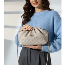BSR Luisant Kadın Logolu Örgü Detaylı Yumuşak Formlu Clutch Çanta, El ve Omuz Portföy Çanta