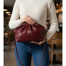 BSR Luisant Kadın Logolu Örgü Detaylı Yumuşak Formlu Clutch Çanta, El ve Omuz Portföy Çanta