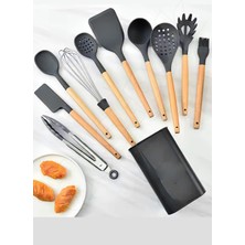 Özbience Bambu Saplı 11'li Silikon Servis Seti, Kepçe, Kevgir, Maşa ve Spatula