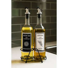 Özbience Şeffaf 750 ml Siyah Beyaz Etiketli Standlı Yağlık ve Yağdanlık Seti