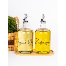Özbience 2'li 750 ml Bambu Cam Yağdanlık Seti Gri Tıpalı, Ayçiçek & Zeytinyağı Etiketli