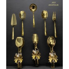 Özbience Paslanmaz Çelik Gold Servis Takımı, 8'li, Kelebekli Maşa, Kepçe, Kürek, Çatal, Kaşık