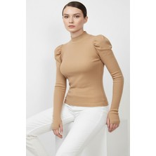 Libas Verda Balıkçı Yaka Parmak Geçmeli Kaşkorse Prenses Kol Bluz - Camel