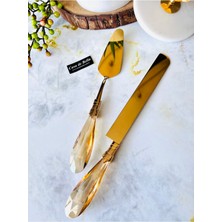 Özbience Şeffaf Kristal ve Gold Renkli 2 Parça Pasta Servis ve Bıçak Seti