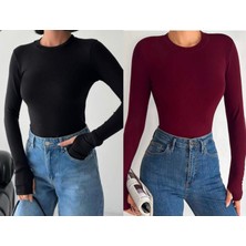 Betnur Kadın Pamuklu Parmak Geçirmeli Bisiklet Yaka Bady Bluz