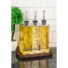 Özbience 3’lü 500ML Cam Yağdanlık Ahşap Stant Gümüş Kapak Seti