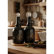 Özbience Ikili Siyah Mermer Desenli 1000 ml Cam Yağdanlık Seti, Kristal Tıpalı, Bambu Tabanlı