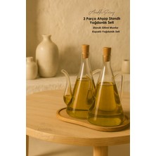 Özbience 3 Parça Ahşap Standlı Yağdanlık Seti 500ML, Mantar Kapaklı Cam Şişe