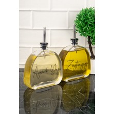 Özbience 2'li Oval Cam Yağdanlık Seti Gümüş Kapaklı, Ayçiçek ve Zeytinyağı Etiketli