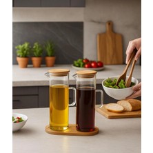 Özbience 400 ml Bambu Altlıklı Cam Yağdanlık, 2 Kapaklı, Şık ve Fonksiyonel Tasarım