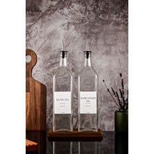 Özbience 1l Şeffaf Ahşap Standlı Zeytinyağı ve Ayçiçek Yağı Şişesi Seti