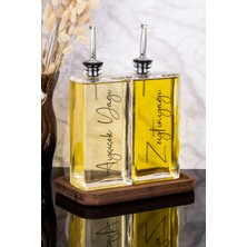 Özbience Çiftli 500ML Cam Yağdanlık Ahşap Standlı, Silver Kapak, Zeytinyağı ve Sosluk Seti
