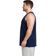 Justas Erkek Rambo Atlet Pamuklu Beyaz Biyeli Geniş Askılı Battal Beden Lacivert