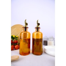 Özbience 2'li Cam Yağdanlık Seti, Otomatik Kapaklı, 500 Ml, Amber Renkli