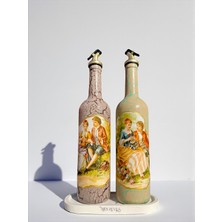 Özbience 750 ml El Yapımı Vintage Desenli Sunum Seti, Zeytinyağı ve Sıvıyağ Şişesi