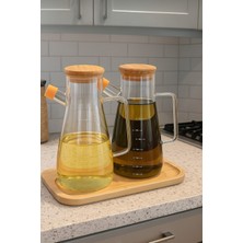 Özbience 2'li Bambu Altlıklı Ege 900ML Borosilikat Cam Yağlık ve Sirkelik Seti