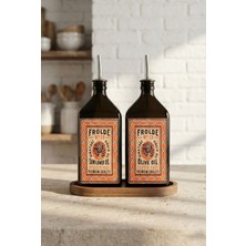 Özbience Ahşap Standlı 2'li Amber 500 ml Cam Ayçiçek ve Zeytinyağı Şişesi