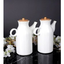 Özbience 2'li Bambu Kapaklı 1000ML Porselen Yağlık Seti, Şık ve Fonksiyonel